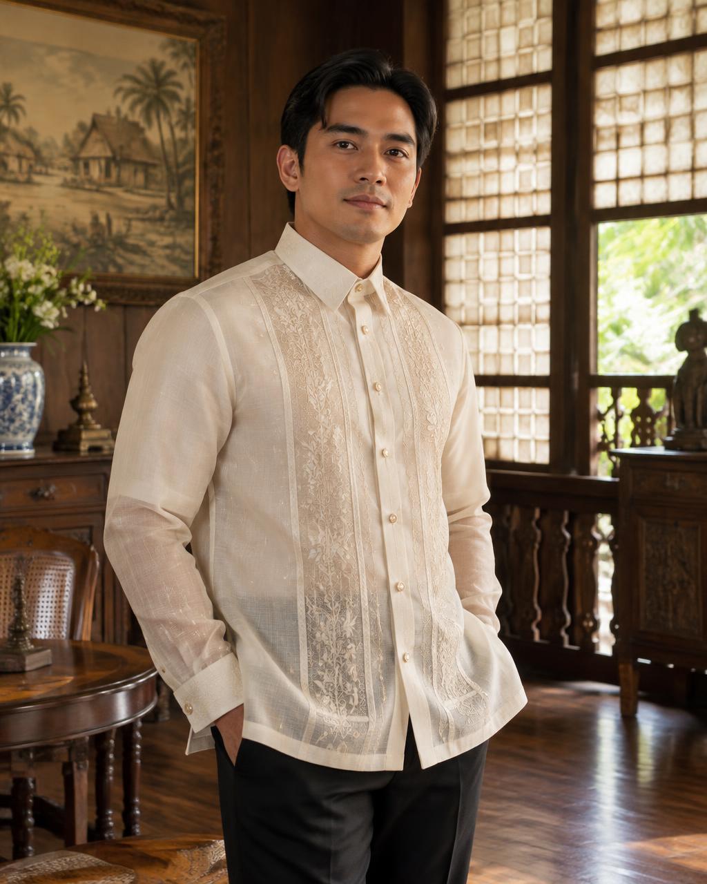 Filipino man wearing an embroidered Barong