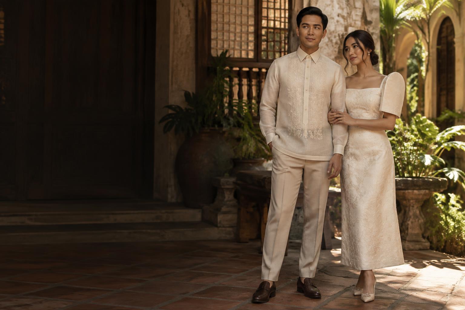 Filipino couple in embroidered Barong Tagalog and Filipiniana attire